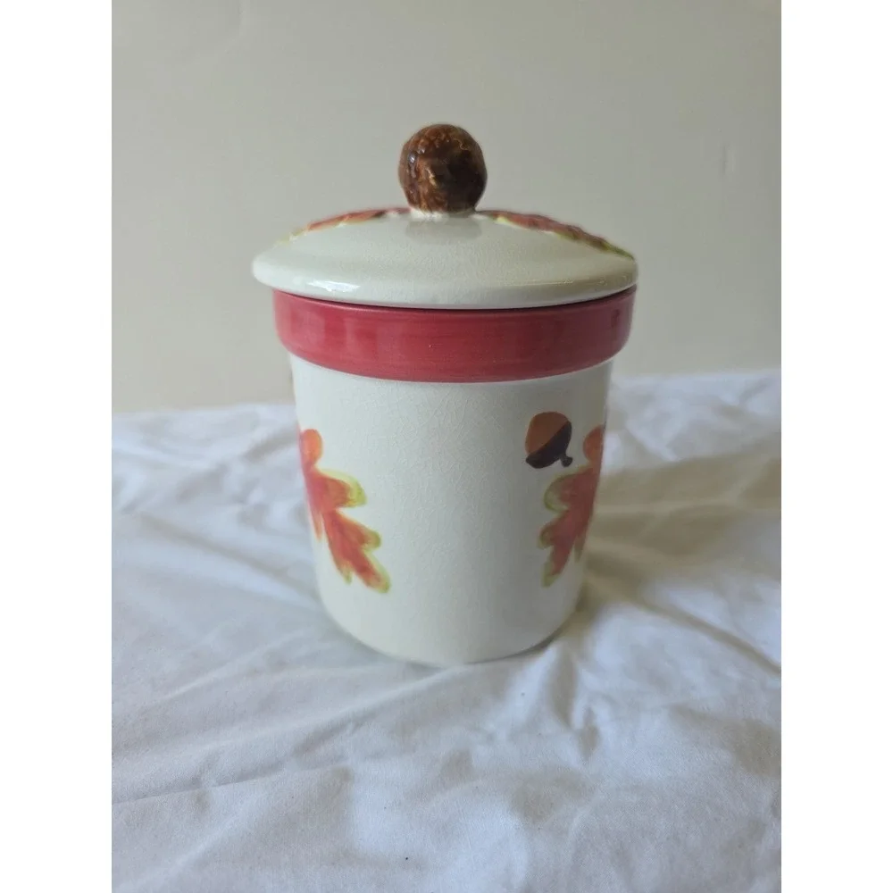 Hallmark Ceramic Acorn Crock Jar With Lid‎ Embossed Fall Oak Leaves Autumn